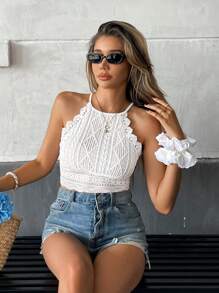 Serisse Débardeur ajusté col ras-du-cou avec empiècement en dentelle femme pour vacances, blanc, saison des mariages, patchwork de dentelle, tissu texturé, débardeur col ras-du-cou près du corps, vêtements femme d'été, convient pour un port quotidien et pendant les vacances - Blanc - Voir 6