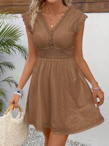 SHEIN Frenchy 女士度假纯色撞色蕾丝优雅连衣裙 - 咖啡 - 查看 5