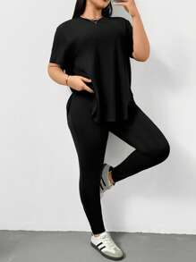 Shapeblank 大码女装春夏时尚休闲运动舒适基本百搭修身日常黑色短袖 T 恤和紧身裤两件套、裤子套装、街头服饰、机场服装、女士夏季服装、外出服装、Y2k 服装、极简主义风格、女士教堂服装 - 黑色 - 查看 2