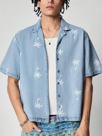 Street Life Chemise en jean à manches courtes délavée avec imprimé d'arbre de noix de coco style décontracté pour hommes