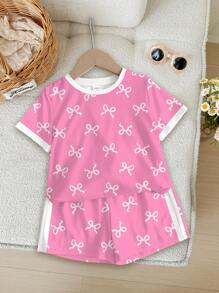 SHEIN 2Pcs Cute Sweet Pink Bow Printed Young Girl Casual Shorts Suit, Colorblock, Suitable For Summer - Multicolor - View 2