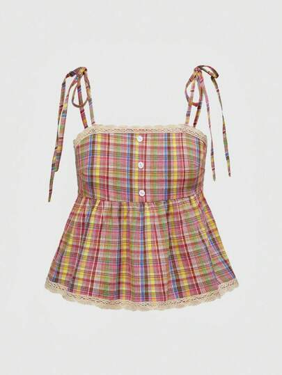 Academia Top con tirantes tipo camiseta de mujer con estampado de cuadros, botones delanteros, encaje y estilo vintage en tonos pastel de verano