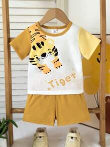 Conjunto de 2 piezas para niño pequeño de verano: Camiseta de punto con estampado de tigre lindo + Conjunto de pantalones cortos, adecuado para uso diario y actividades al aire libre