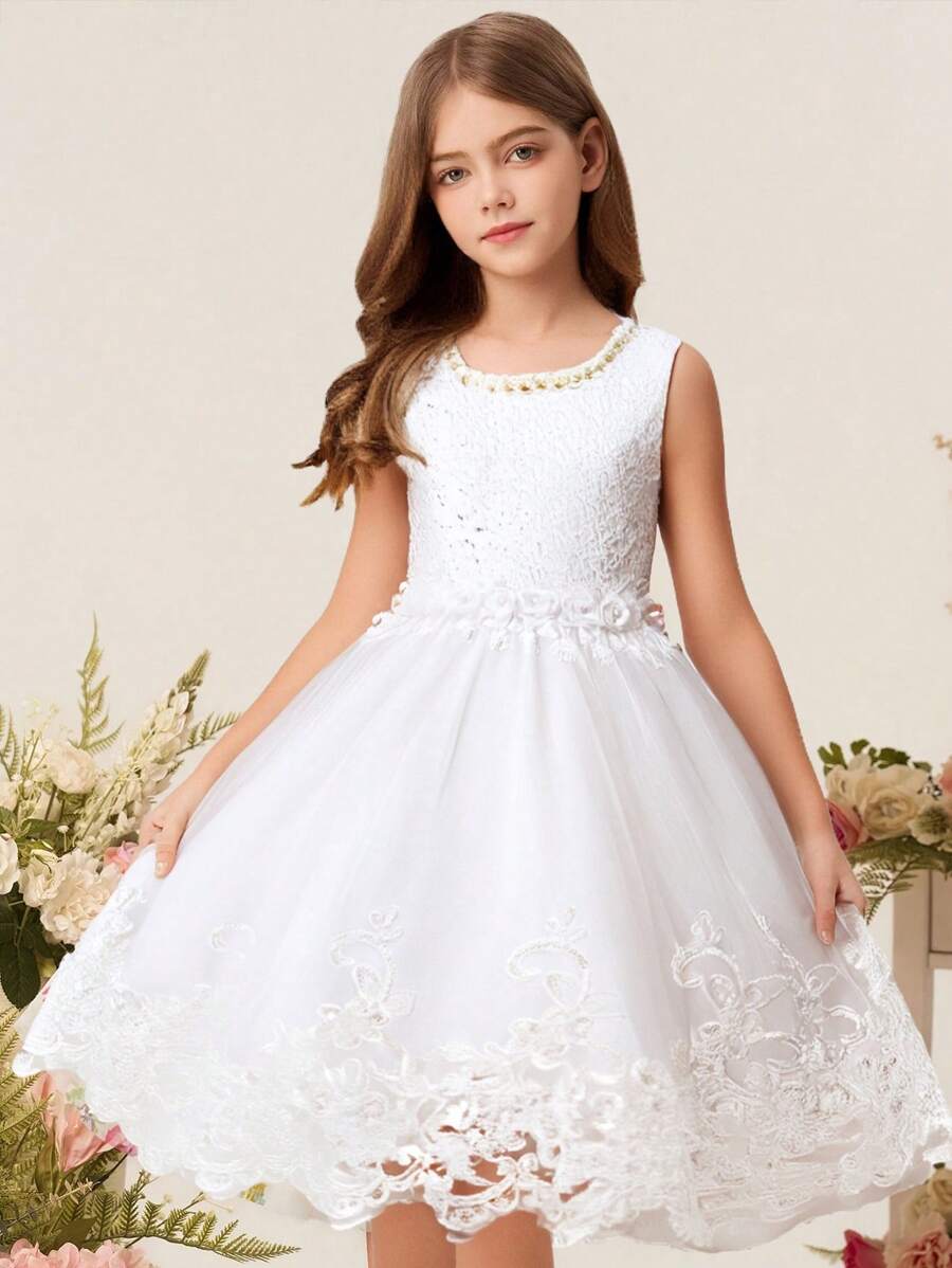 Summer Toddler Girls Lace Princess Dress, Children Party Wedding Bridesmaid Tutu Dress, Baby Flower Girl Recital Dance Dress - White - View 1