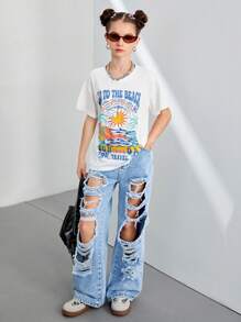 Conjunto de 2 piezas para niñas: Camiseta gráfica de árbol de coco blanco de playa y pantalones vaqueros con pierna ancha y cierre de cremallera desgastados, estilo urbano casual - Blanco - Ver 3