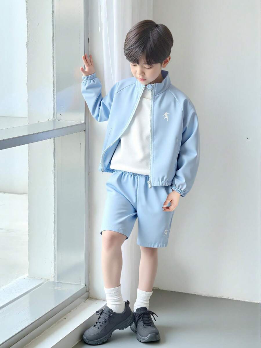 SHEIN 2pcs/Set Young Boy Raglan Long Sleeve Zipper Placket Baseball Jacket & Shorts - Blue - View 1