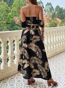 SHEIN 2pcs/Set Maternity Casual Floral Off-Shoulder Top And Skirt Set - Black - View 2