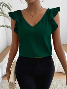 SHEIN Privé Blusa de mujer de unicolor con escote en V y mangas cortas de moda