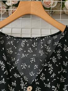 SHEIN LUNE 大码碎花泡泡袖休闲度假衬衫，适合夏季穿着，适合女性，复活节、母亲节等节日穿着，简约时尚，波西米亚风。 - 黑色 - 查看 6