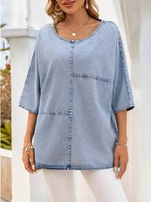 EMERY ROSE 女士休闲圆领 3/4 袖牛仔套头衫