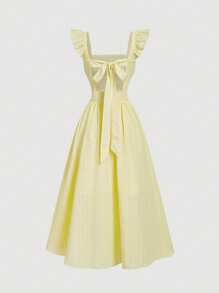 SHEIN MOD Vestido largo de verano amarillo con recortes, mangas con volantes, lazo en la espalda, vestido para graduación, fiesta, vestido de mujer estilo campesino, vestido con lazo, vestido bohemio, vestido largo, vestido de playa, vestido amarillo, vestido bordado, vestido para concierto country, vestido para brunch, vestido largo amarillo, vestido para brunch - Amarillo - Ver 2