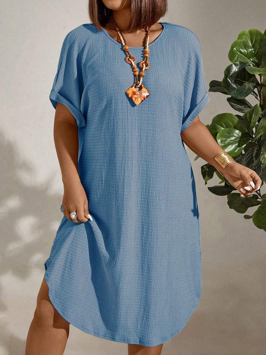 EMERY ROSE Plus Size Vacation Casual Solid Color Batwing Sleeve Dress - Blue - View 1