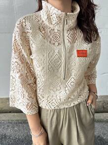 FRIFUL Women's Lace Half Placket Long Sleeve Loose Blouse