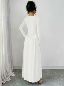 Elenzga 女士时尚休闲长裙，深 V 领，插肩长袖，前片拼接，褶皱，A 字形，莲藕粉色纹理面料，秋冬长款女装 - 白色 - 查看 2