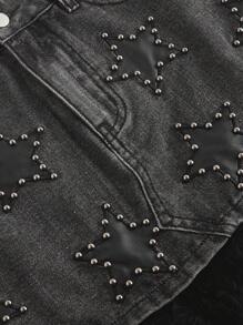 ROMWE Fairycore Women's Low Waist Cropped PU Leather Studded & Feather Patched Denim Mini Skirt - Grey - View 4