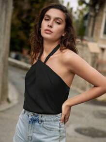 SHEIN Frenchy 夏季纯色扭结露背吊带上衣 - 黑色 - 查看 4