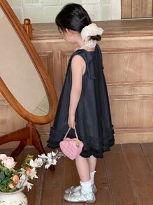 DAZY Đầm lưới vá màu trơn thanh lịch cho bé gái trẻ - Màu xanh hải quân - Xem 3