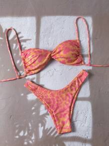 Swim Mod 2件套女士夏季随机印花系带扭花高腿性感细肩带比基尼套装 - 彩色 - 查看 1