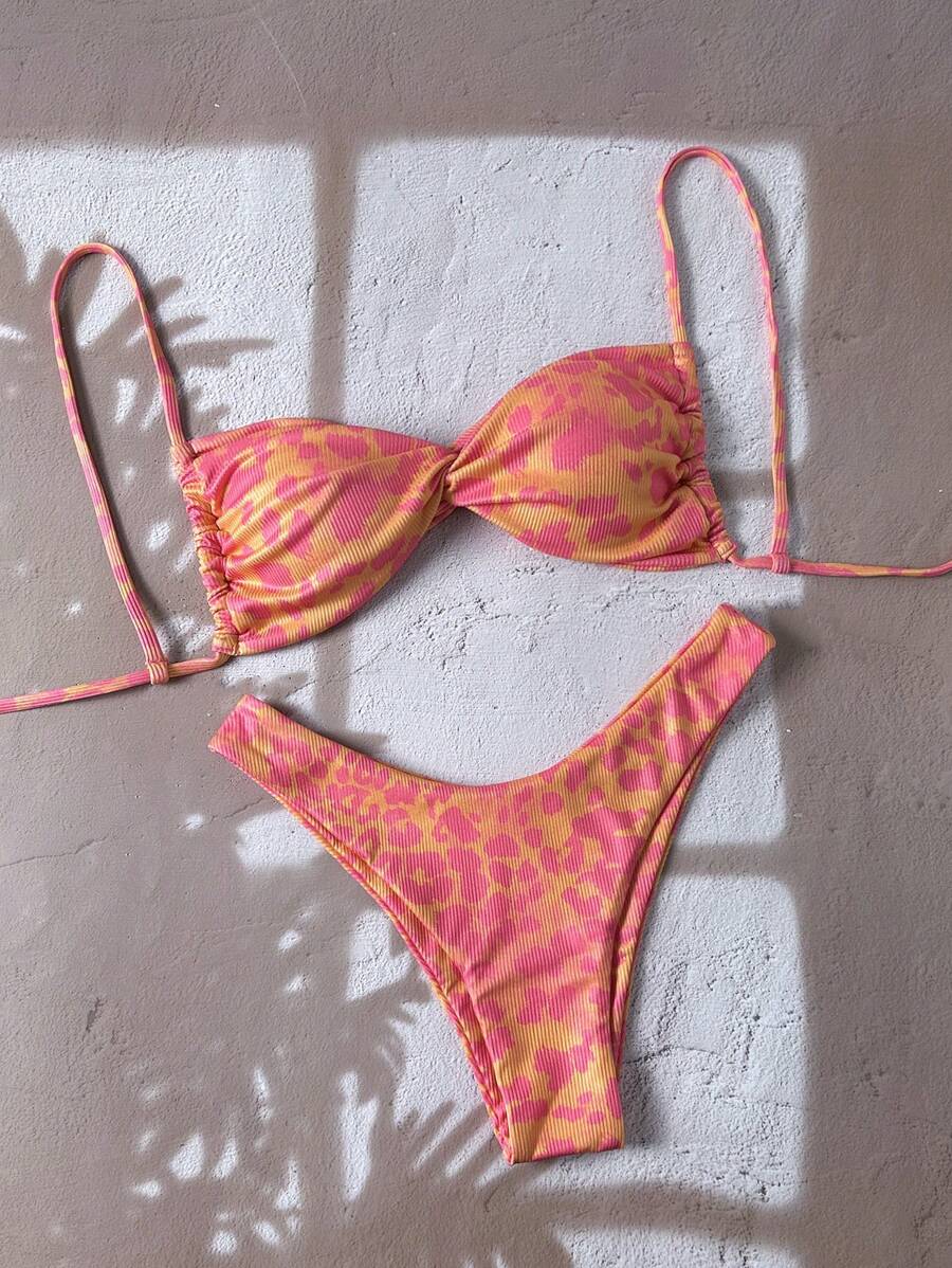 Swim Mod 2件套女士夏季随机印花系带扭花高腿性感细肩带比基尼套装 - 彩色 - 查看 1