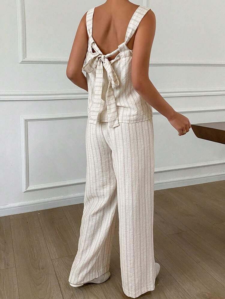 2pcs/Set Women Summer Striped Sleeveless Top & Wide Leg Pants Linen