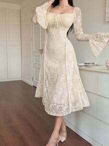 DAZY 女士中长蕾丝喇叭袖连衣裙，荷叶边，正式女士连衣裙，秋季连衣裙，长袖连衣裙，舞会礼服，优雅女士连衣裙 - 杏色 - 查看 4