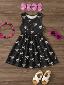SHEIN Váy midi đen in nơ chấm bi thanh lịch, váy dài không tay tối giản giản dị cho bé gái, phù hợp cho mùa hè - Nhiều màu - Xem 2