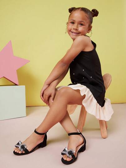 Mini mi 女孩水钻蝴蝶结踝带圆头粗跟优雅小块黑色凉鞋 - 别致、时尚、舒适