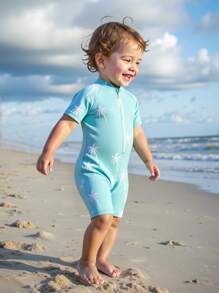 SHEIN Bañador de una pieza con estampado de tortuga marina para bebés y niños pequeños, para verano, playa, piscina, ropa de baño para bebé/niño pequeño - Neblina azul - Ver 4