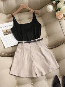 Franclia Women's Fashion Everyday Casual Black Camisole & Loose Striped Khaki Wide Leg Bermuda Shorts Set, Spring/Summer - Black - View 2