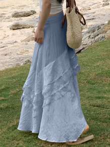 DAZY Solid Color Patchwork Ruffled Hem Bohemian Style Long Skirt For Women, Summer Vacation Outfits Women - Baby Blue - View 2