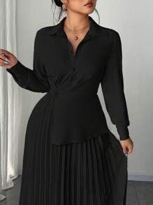 Elenzga 女式大码优雅纯色衬衫领收腰纽扣褶皱面料长袖连衣裙，秋冬 - 黑色 - 查看 3