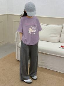 Dazy Kids 2pcs Tween Girl Printed Round Neck Knitted Top And Wide Leg Knitted Pants Set, Spring/Summer,Back To School Clothes - Purple - View 1