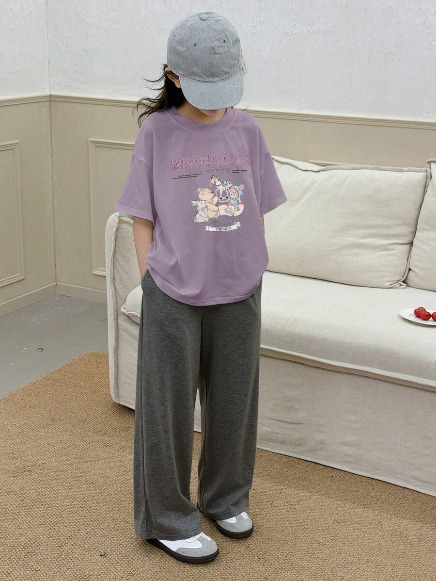 Dazy Kids 2pcs Tween Girl Printed Round Neck Knitted Top And Wide Leg Knitted Pants Set, Spring/Summer,Back To School Clothes - Purple - View 1