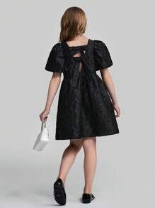 Ontre Tween 女童宽松舒适派对泡泡袖蝴蝶结装饰露背设计纹理 A 字裙，黑色，适合户外活动、派对、度假、春夏