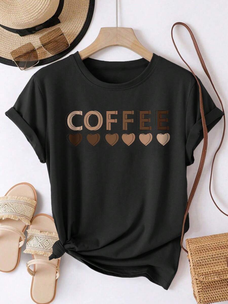 SHEIN LUNE Plus Size Women's Casual Coffee Heart Print Round Neck Short Sleeve T-Shirt