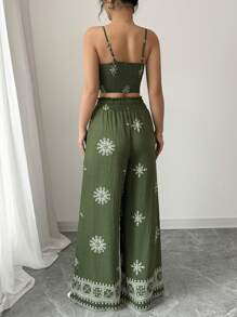 Elenzga 2pcs/Set Women Green Floral Print Camisole Tank Top & Casual Long Pants Suit, Holiday Style