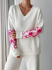 EURMUSE Women Pink Embroidery Detailed Sweater Set - White - View 3
