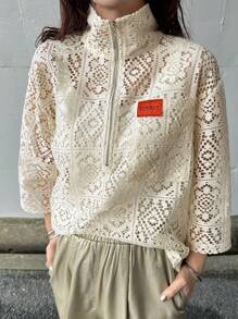 FRIFUL Women's Lace Half Placket Long Sleeve Loose Blouse