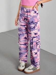 SHEIN Tween Girl Y2K Streetwear Cool Camouflage Print Flat Pockets Elastic Waist Cargo Slim Fit Jeans