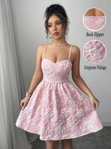 Chiquease 女士粉红玫瑰提花浪漫优雅婚礼宾客毕业音乐会服装生日礼服春夏女士服装太阳裙晚会约会筒形乡村音乐会服装无袖迷你吊带裙