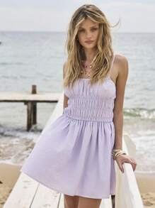 Aralina Summer Smocked Textured Double Strap Flowy Beach Sundress - Purple - View 4