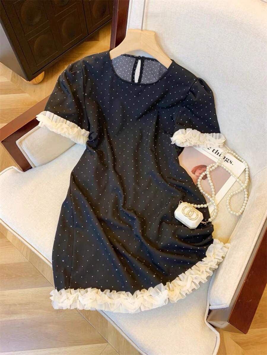 Chiquease Women Elegant Polka Dot Print Crew Neck Short Dress - Black - View 1