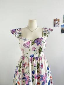 Dreamara Gaun Panjang WYWH Casual Vacation Multi-Color Positioning Flower Flutter Sleeves Back Tie Plus Size - MultiWarna - View 3