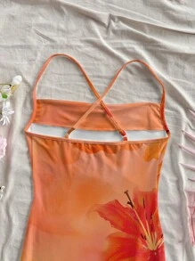 Soleia Váy nhuộm loang màu hoa loa kèn cam và hoa dâm bụt, phong cách bãi biển thường ngày, phù hợp cho mùa hè và đi biển - trái cam - Xem 7