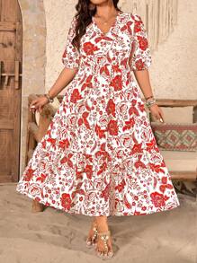 Breezaya Plus Size Tropical Plant Print V-Neck Puff Sleeve High Waisted Loose Dress, Vacation Style - Red - View 4