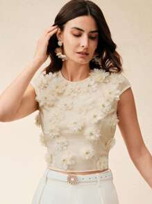 Anewsta Elegant Romantic Pearl Embellished Floral Print Casual Festival Women Spring Summer Blouse, T-Shirt - Apricot - View 6