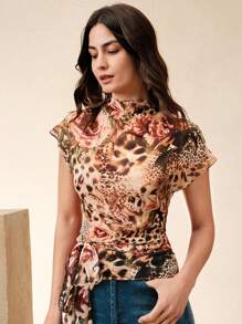 Anewsta 女士优雅现代领豹纹性感系带前收腰半透明优雅雪纺 T 恤上衣，适合夏季、假日、优雅、节日、度假、休闲 - 棕色 - 查看 5