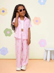 SHEIN Conjunto de 3 piezas para niña joven: Camisa de rayas trenzada, chaleco de punto y pantalones holgados - Multicolor - Ver 5