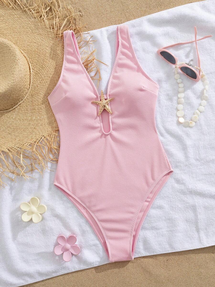Swim Mod Bộ đồ bơi một mảnh mới dành cho nữ, thiết kế hình chữ thập cắt tròn với họa tiết sao biển kim loại, giúp kiểm soát bụng - Hồng - Xem 1