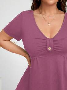 Rometta 大码女式纯色褶皱 V 领短袖休闲 T 恤 - 玫紅色 - 查看 6
